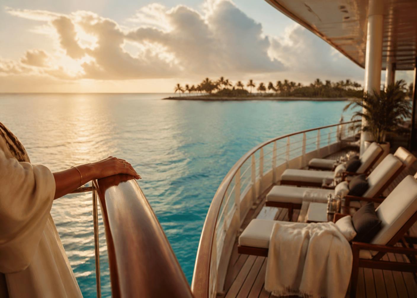 Golden-hour view over turquoise water from a ship deck lined with lounge chairs