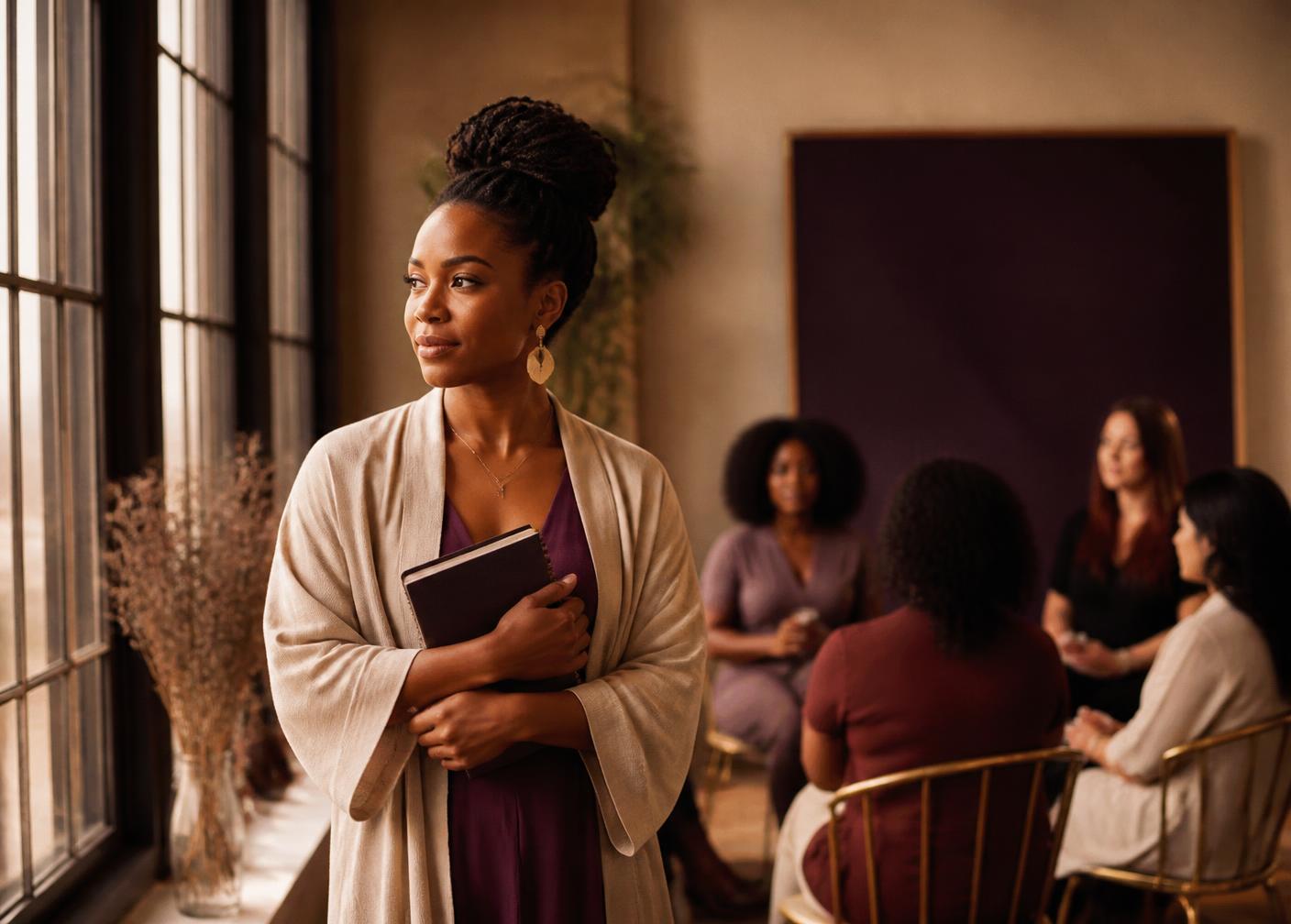 A woman holding a journal beside a tall window, a facilitated circle seated behind her